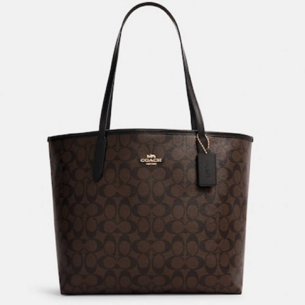 City Tote in signature canvas Coach Bag gold brown and black